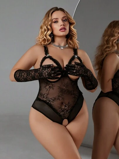 SpicyHot Whimsical SpringBreakOutfit Bachelorette Grown Women FitsPlus Size Solid Color Bowknot Decor Ruffle Trim Lingerie