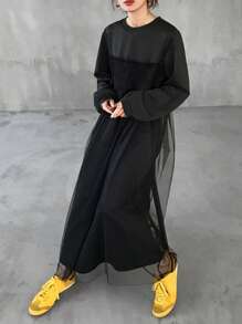 FRIFUL Women's Black Solid Color Waist Cinching Dress With Mesh Splice, Spring,Casual Women Dresses