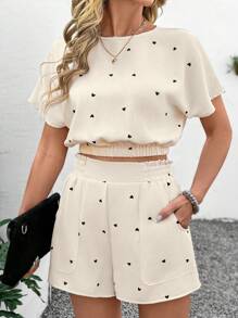 Easowa 2pcs Spring Drawstring Shirt And Shorts Set, Apricot Base With Black Heart Decor, Suitable For Dating And Valentine's Day - Apricot - View 7