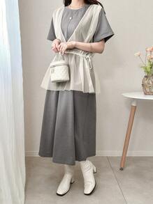 FRIFUL Women's Long Mesh Patchwork Dress Sundress - Grey - View 2