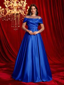 Glamrae 优雅透明网眼水钻串珠长袖褶饰超大喇叭下摆礼服，婚礼宾客礼服，适合约会、婚礼、活动、正式晚会、派对礼服、晚礼服、长袍 - 寶藍色 - 查看 6