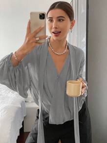 DAZY Solid Color Loose Long Sleeve Tied Chiffon Blouse, Women Spring/Summer Holiday Shirt,Fall Clothes