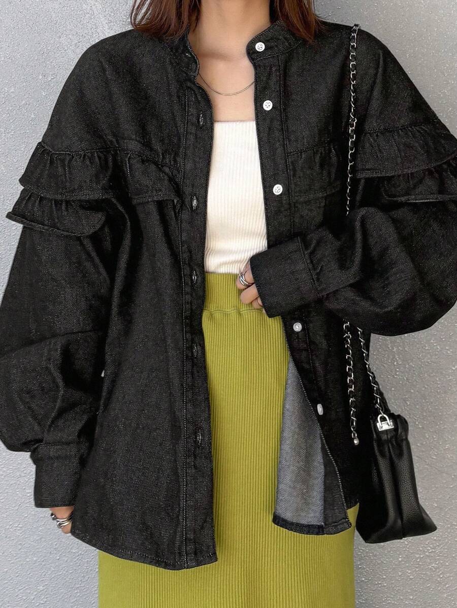 FRIFUL 女士宽松黑色牛仔长袖上衣，荷叶袖，春季牛仔外套，秋季女装