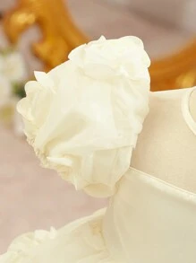 SHEIN Babygirl Summer Cute Beige Organza Floral Dress - Beige - View 4