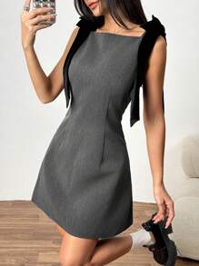 SHEIN EZwear Váy mini không tay màu trơn đơn giản cho nữ, đơn giản & thời trang cho cuộc sống hàng ngày - Màu xám đen - Xem 4