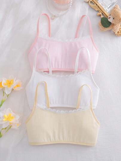3pcs Tween Girls Casual Minimalist Everyday Bralettes With Sponge Padding