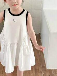 Dazy Kids 年轻女孩字母印花下摆圆领无袖休闲连衣裙，返校服 - 白色 - 查看 3