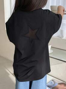 Dazy Kids Young Girl Round Neck Short Sleeve Knitted Tee With Star Pattern, Summer - Black - View 2