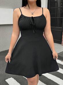 Muchica 大码黑色褶皱A字连衣裙，弹力面料，春夏款 - 黑色 - 查看 6