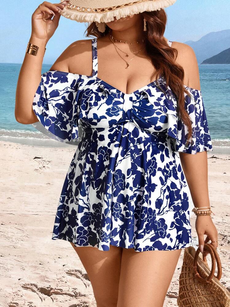 Swim Lushoire Summer Plus Size Random Print Cold Shoulder Adjustable Strap 2pcs Modest & Fashionable Tankini Swimwear - Multicolor - View 1