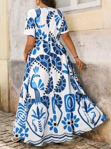 Breezaya Plus Size Women Boho Geometric Print Lace-Up V-Neck Short Sleeve Romantic Elegant Dress For Holiday,Spring/Summer - Multicolor - View 2