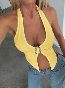 Aloruh Women's Y2K Solid Color Split Hem Sexy Halter Neck Camisole