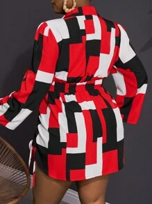 Slaydiva Plus Size Women Geometric Print Twist Front Ruffle Sleeve Midi Dress - Multicolor - View 3