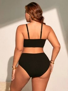 SHEIN Swim Curve Plus Size Solid Color Drawstring Round Neck Casual Women Swimwear Set For Summer Beach Vacation - Black - View 2