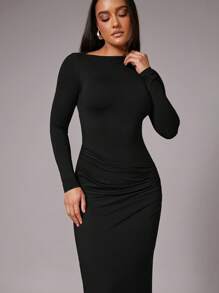 SHEIN BAE Autumn Winter Solid Coffee Brown Sexy Elegant Hollow Backless Tie Up Long Sleeve Form Fitting Ruched Fishtail Hem Dress, Suitable For Cocktail Party, Romantic Date, Layering Under Dress, Party, Formal Occasion, Night Out, Wedding Guest, Halloween, Christmas - Black - View 7