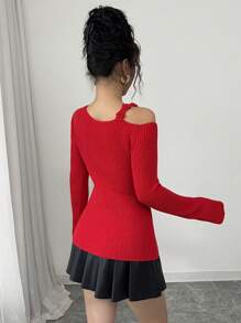 Selianne Parte superior de punto hecha a mano con cuello asimétrico y flores 3D, silueta ajustada, rojo, elegante suéter para mujeres a principios de primavera, suéter de punto de Día de San Valentín para otoño e invierno - Rojo - Ver 2