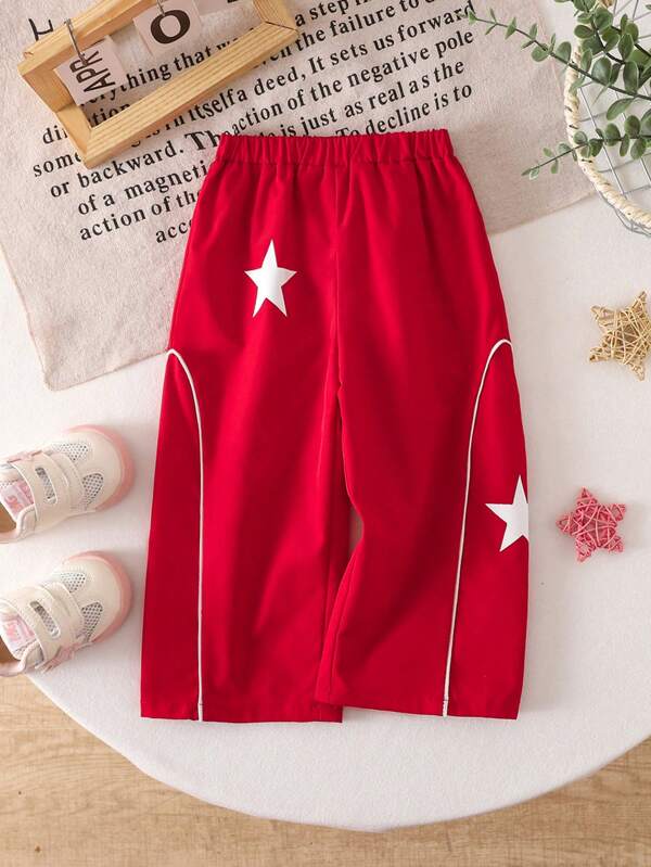 SHEIN Baby Girl Cute Star Print Elastic Waist Pants, Red, Versatile, Autumn/Winter
