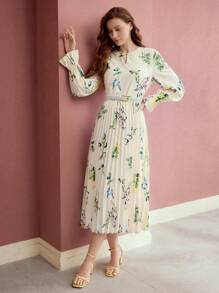 MOTF PREMIUM FLORAL PRINT PLEATED DRESS, LONG SLEEVES, ELEGANT STYLE,SPRING/SUMMER