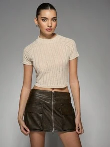 MISSGUIDED High Neck Ribbed Crop Baby Tee Summer Essential Fitted Stretch Knit Basic Top Modern Minimalist Style Versatile Casual Wear Y2K Fashion