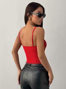 SHEIN Unity Áo hai dây viền ren đỏ mới, kiểu dáng ôm vừa vặn, áo ngày lễ tình nhân - Đỏ - Xem 2