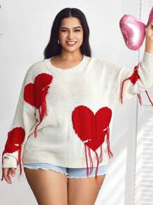 SHEIN CURVE+ Curve Plus Love Tassel Long Sleeved Heart Detail Sweater Pullover Party, Valentine's Day, Romantic Valentine's Day