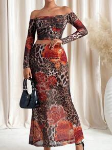 SHEIN Clasi Elegant Women's Leopard Print Flower Print Pleated See Through Mesh Knitted Top And Hip Hugging Straight Leg Skirt, Suitable For Wearing In Various Occasions