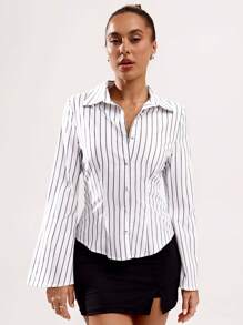 SHEIN BAE 女士春秋条纹正式喇叭袖长袖翻领衬衫适合通勤休闲装、办公室正装、日常出游、外出 - 彩色 - 查看 5