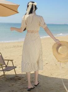 DAZY Women's 2 Pieces Set: Polka Dot V-Neck Puff Sleeve Cropped Blouse And Ruffle Hem Skirt
