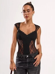 SHEIN BAE Elegant Sexy Solid Color Lace Patchwork Bodysuit - Black - View 4