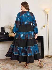 Modelyn 大码 V 领扎染拼接优雅 A 字长裙 - 彩色 - 查看 2