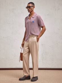 AKNOTIC Party 男士粉色格子镂空撞色蓝色字母标志针织宽松翻领短袖休闲开衫，适合日常穿着、情人节、情侣装、度假装、秋冬装 - 粉色 - 查看 3