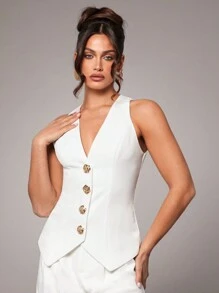 Silquee 女式高端纯色白色V领金属扣装饰单排扣马甲内衬优雅时尚通勤套装适合夏秋季办公室商务休闲秋季女装套装女西装外套，夏季女式商务休闲纯色双排金属马甲西装外套，商务女装办公室海仙子复古教师服装，玫瑰花朵金属装饰扣，情人节