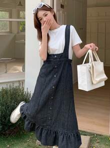 DAZY Women's Casual Denim Overall Skirt, Simple And Stylish For Daily Wear,Ruffle