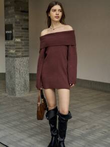 INAWLY Women's Solid Color Off-Shoulder Long Sleeve Loose Casual Knitted Sweater Dress, Autumn/Winter Fall Cloth For Women