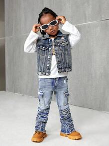 SHEIN Young Boy Fashionable Retro Design Distressed Vintage Washed Ripped Frayed Raw Edges Patchwork High Stretch Slim Fit Blue Jeans With Cargo Pocket,Leisure And Versatile For Kids Fall/Winter Outdoor Wear Clothes Outfits - Medium Wash - View 4