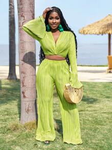 Slaydiva Spring/Summer New Women's Elegant Pleated Flare Sleeve Top And Pants Set, Versatile For Party, Banquet, Casual, Vacation, Cruise Travel, Beach, Sundress