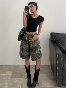 SHEIN EZwear Women's Loose Fit Denim Shorts, Wide Leg Cargo Cropped Trousers - Multicolor - View 3