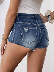 SHEIN Maternity Blue Denim Elastic Ripped Shorts, Summer / Summer / Summer,Spring / Spring For Women,Beach For Woman / Beach,Brunch For Women, Spring Break / Spring Break, Concert Women / Rave Festival / Country Concert / Ibiza / Nashville,Spring - Blue - View 2