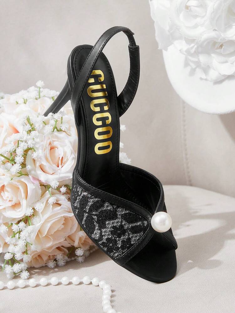CUCCOO HITCHD Black Round Toe Spiked Heel Lace Pearl Elegant Wedding Banquet Party Women High Heel Sandals
