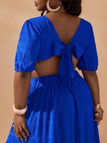 Slaydiva 2025 优雅休闲纯蓝色系带大码迷你连衣裙