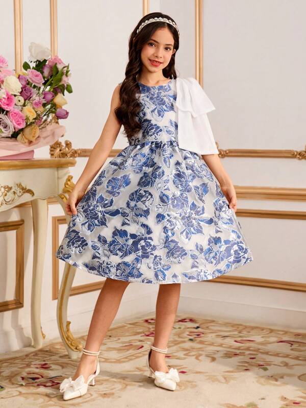 Vestido elegante sin mangas con espalda con giro y diseño floral entrelazado para niña preadolescente