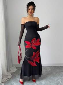 Elenzga Trägerloses figurbetont Fischschwanz-Saum französischer Stil Blumen elegantes Doppellagen Tüllkleid - Schwarz - Übersicht 3