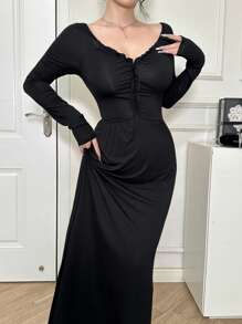 DAZY Women's Elegant Solid Color Waist Cinched Dress,Casual Women Dresses,Fall Clothes - Black - View 6