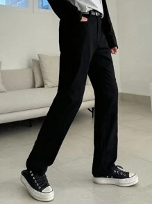 DAZY Jeans noirs unicolore décontractés pour hommes, mode minimaliste pour le port quotidien en tenue d'affaires pour l'automne - Noir - Voir 7