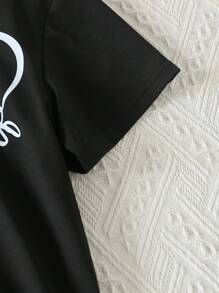 Tween Girl Casual Round Neck Short Sleeve T-Shirt, Bow & Heart Letter Print, Versatile Summer Top