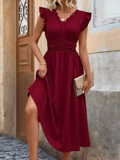 SHEIN Clasi Elegant Ladies' Summer Solid Color Ruffle Trimmed Ruched Waist Dress Maxi Women Outfit