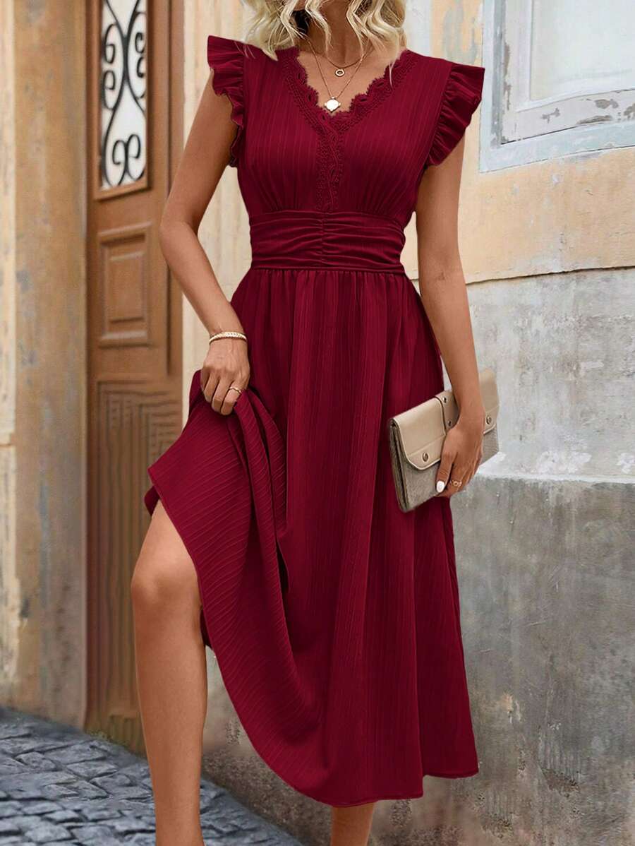 SHEIN Clasi Đầm Maxi Dài Thanh Lịch Cho Nữ Mùa Hè Trơn Màu Có Viền Xếp Nếp Eo - Màu Đỏ Sâu - Xem 1