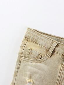 Young Boy Elastic Fitted Ripped All-Match Versatile Blue Denim Bermuda Shorts