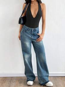 Flirla 女式黑色深 V 领露背挂脖紧身连体衣，性感休闲简约风格