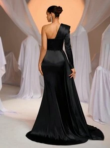 Glamrae Elegante, romántico, sexy y de moda, vestido de fiesta de satén negro, tela elástica de punto, con encaje, escote asimétrico sin tirantes, mangas largas, decoración plisada, decoración de espina de pescado con forma de corsé, bajo de cola de pez con cola larga, adecuado para ocasiones formales, fiestas, citas, bailes de graduación, cenas, vestido de fiesta, vestido de noche, vestido de gala, graduación, atuendos para maestras, vestido para maestras, para el Día de San Valentín - Negro - Ver 2